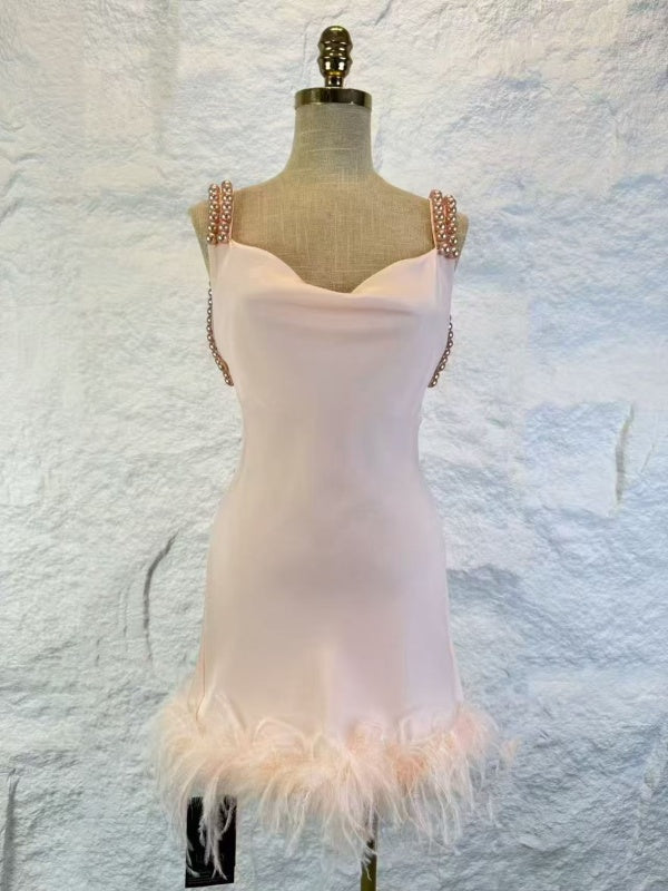 Pearl Strap Feather Trim Satin Mini Slip Dress mannequin view · nz-alt-v1