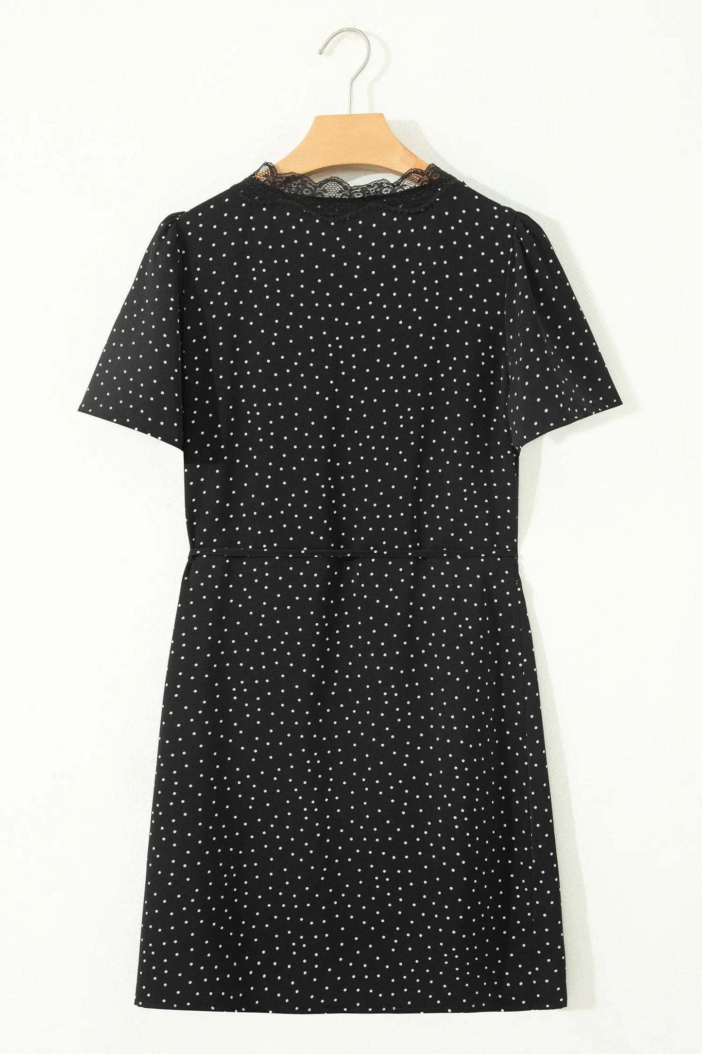 Black Polka Dot Print Lace Trim Wrap Mini Dress - Casual Dresses