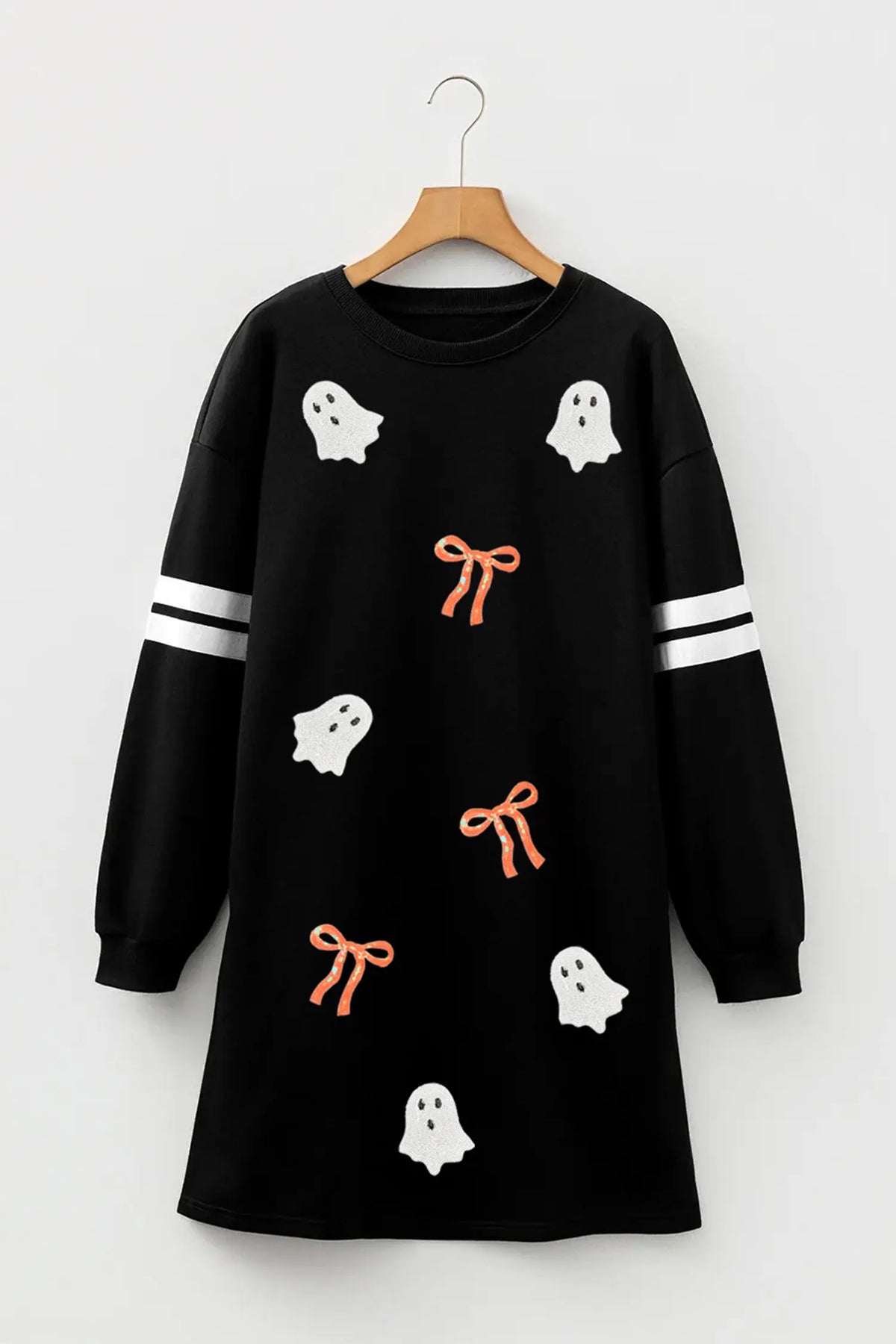 Black sequin ghost varsity striped sleeve Halloween sweatshirt dress hanging view · nz-alt-v1