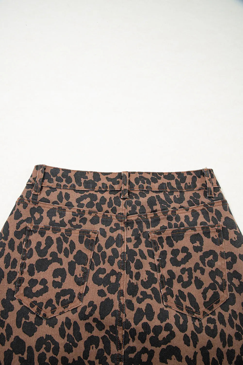 Brown Leopard Print Side Split Frayed Hem Denim Midi Skirt