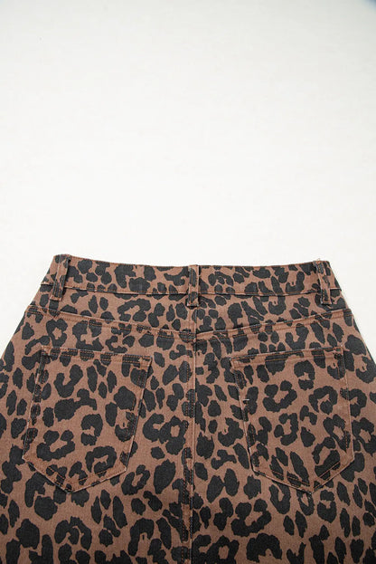 Brown Leopard Print Side Split Frayed Hem Denim Midi Skirt