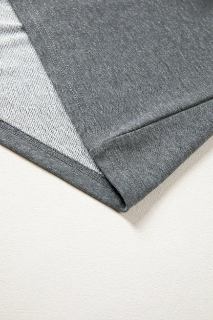 Carbon Grey Denim Color Block Patchwork Shirt Collar Short Sleeve Blouse Nataliz