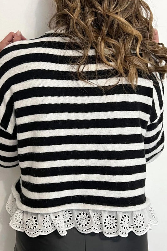 Black Striped High Neck Contrast Ruffle Detail Casual Sweater model back view · nz-alt-v1