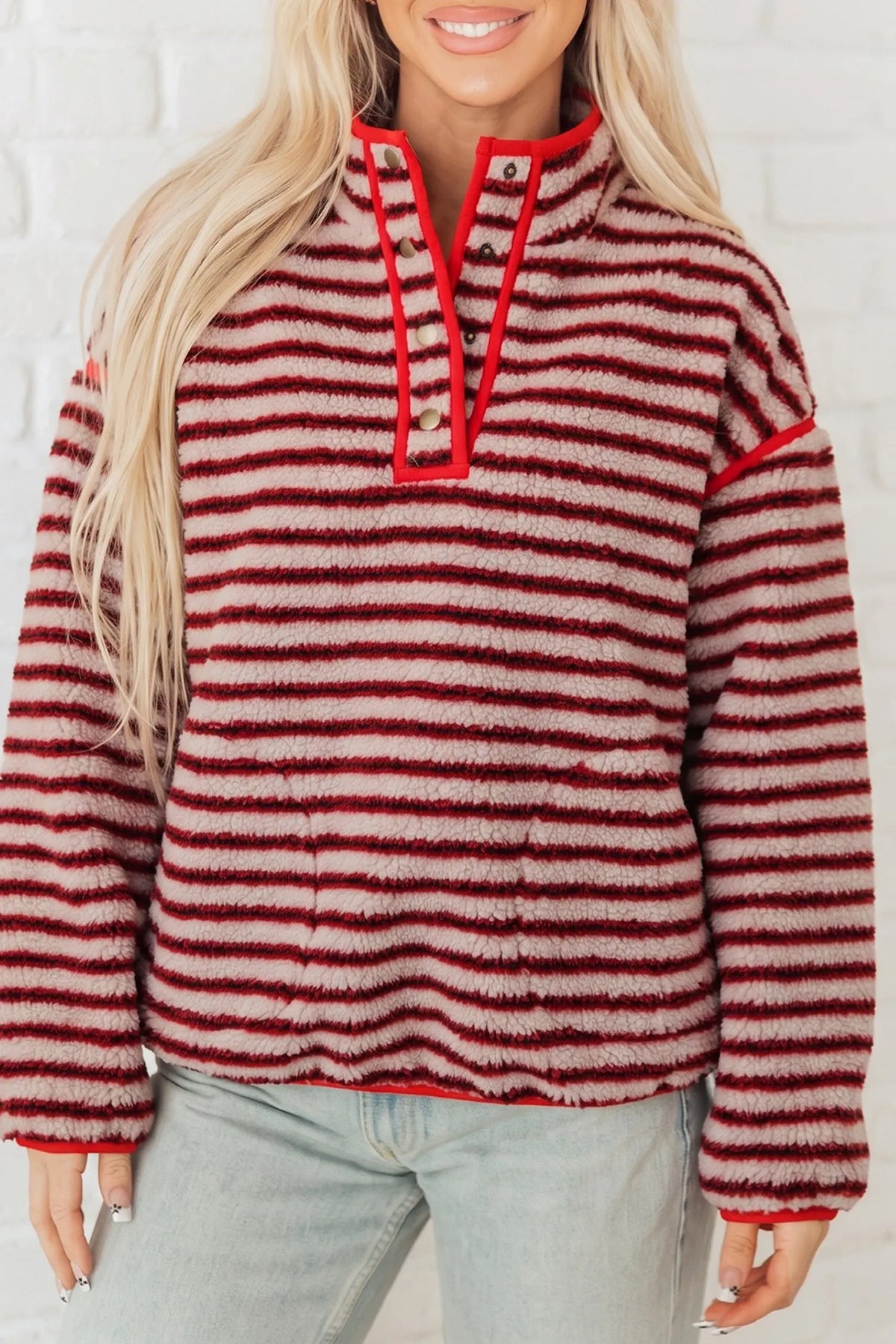 Red Striped Fuzzy Colorblock Button Placket Sweatshirt
