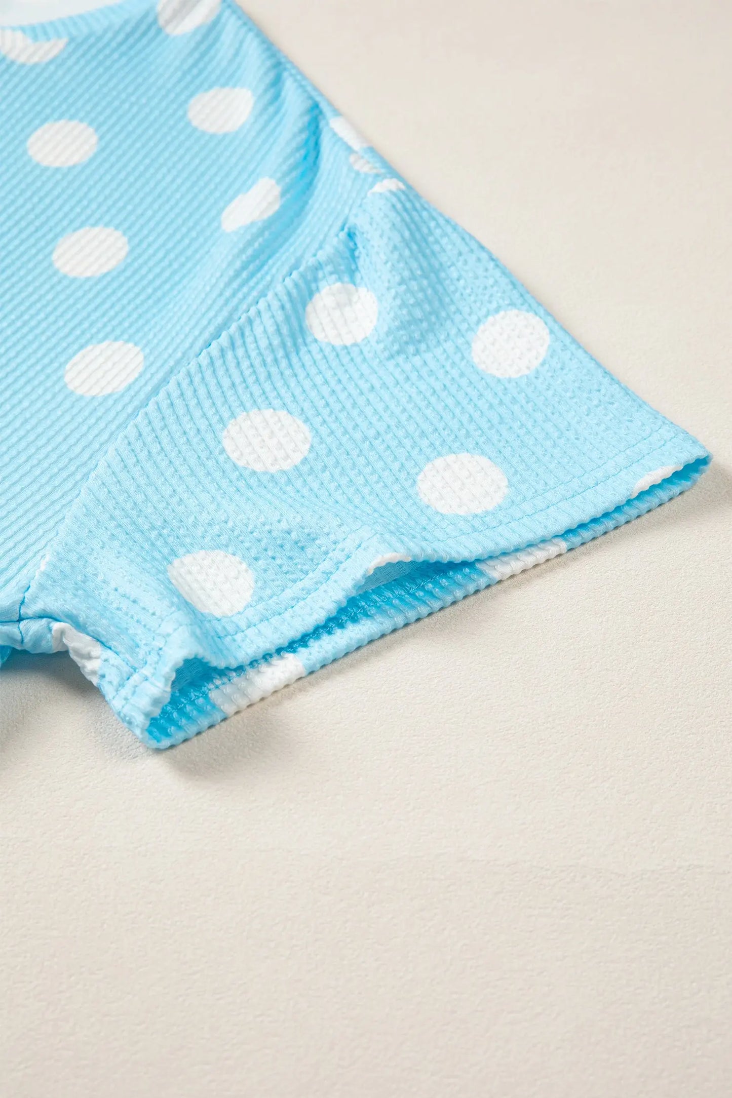 Sky Blue Polka Dot Round Neck Drop Shoulder Patch Pocket Jacquard Texture Top Nataliz