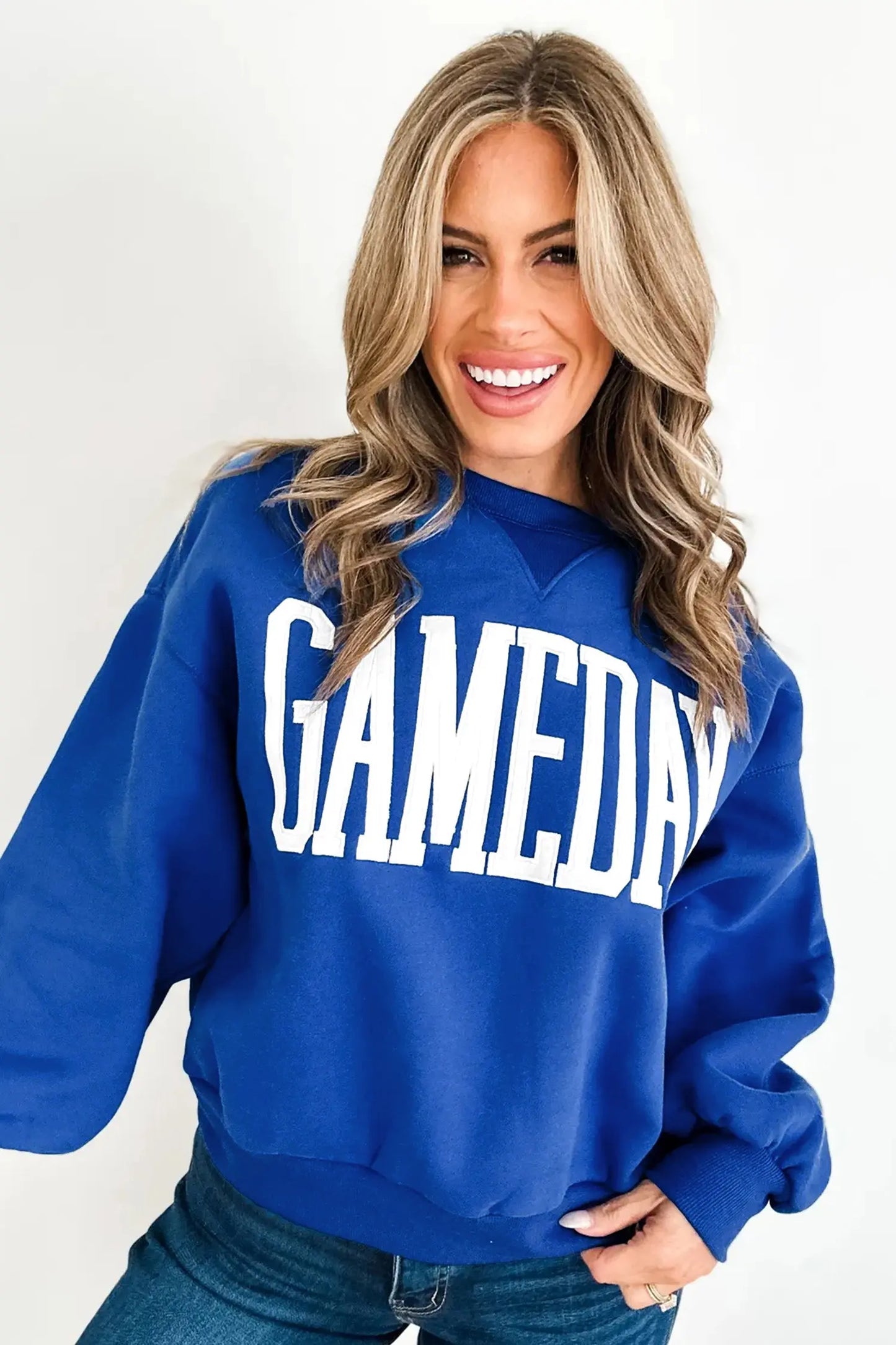 Sky Blue GAMEDAY Embroidered Patch Pattern Casual Shift Sweatshirt