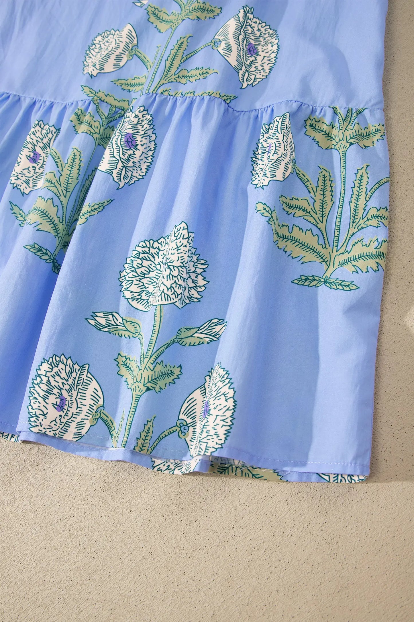 Sky Blue Wild Floral Print Scalloped Embroidery Trim V Neck Drop Waist Mini Dress