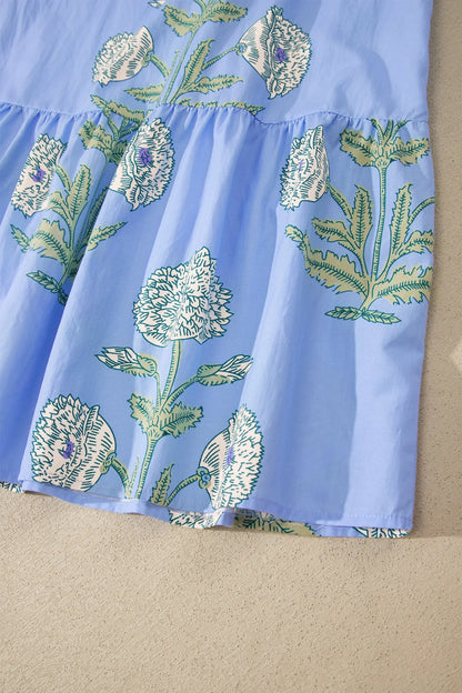 Sky Blue Wild Floral Print Scalloped Embroidery Trim V Neck Drop Waist Mini Dress