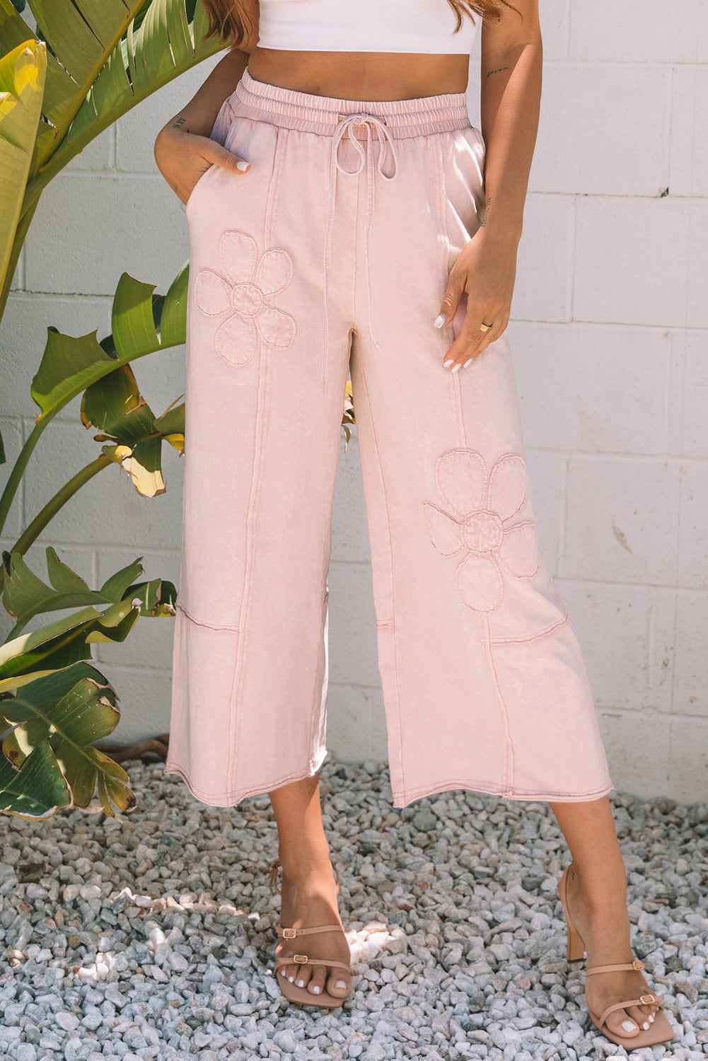 Buckskin Flower Patch Mineral Washed Terry Knit Cropped Wide Leg Pants