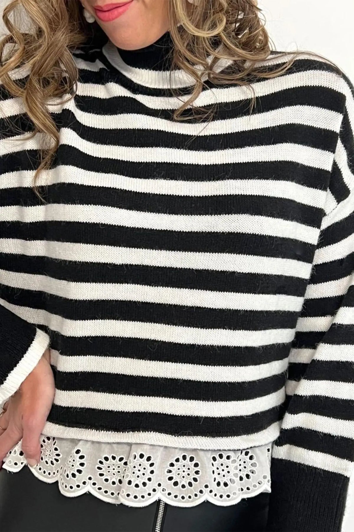 Black Striped High Neck Contrast Ruffle Detail Casual Sweater model front view · nz-alt-v1