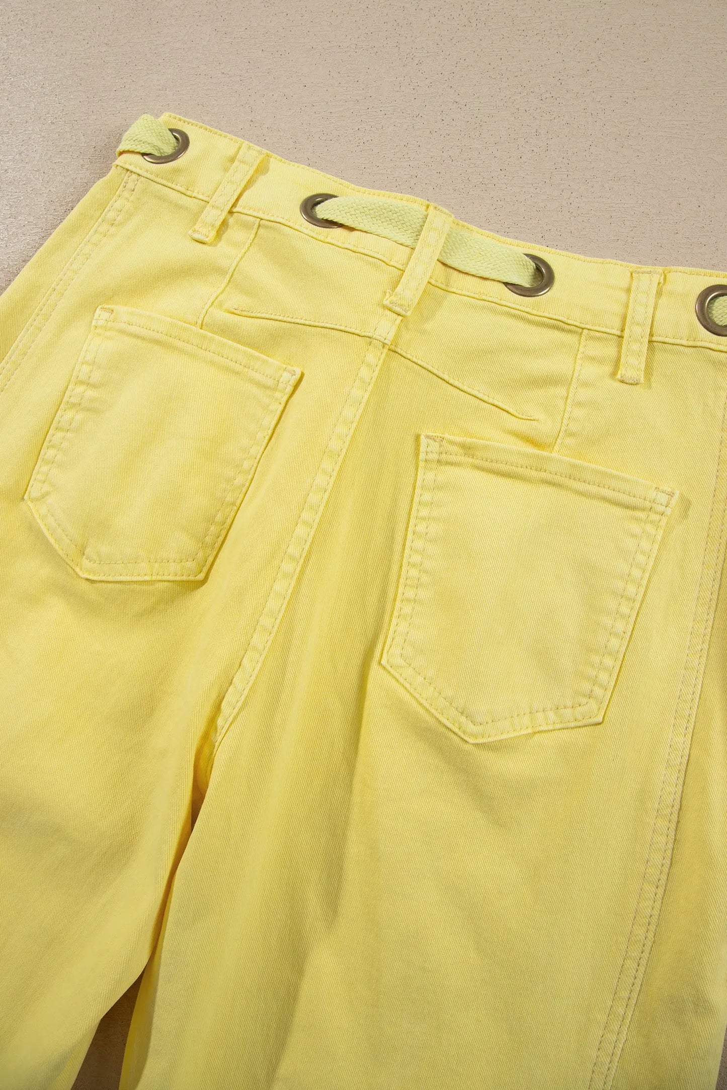 Yellow Solid Color Grommet Detail Knot Waist Barrel Jeans