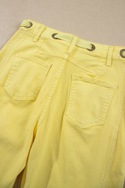 Yellow Solid Color Grommet Detail Knot Waist Barrel Jeans