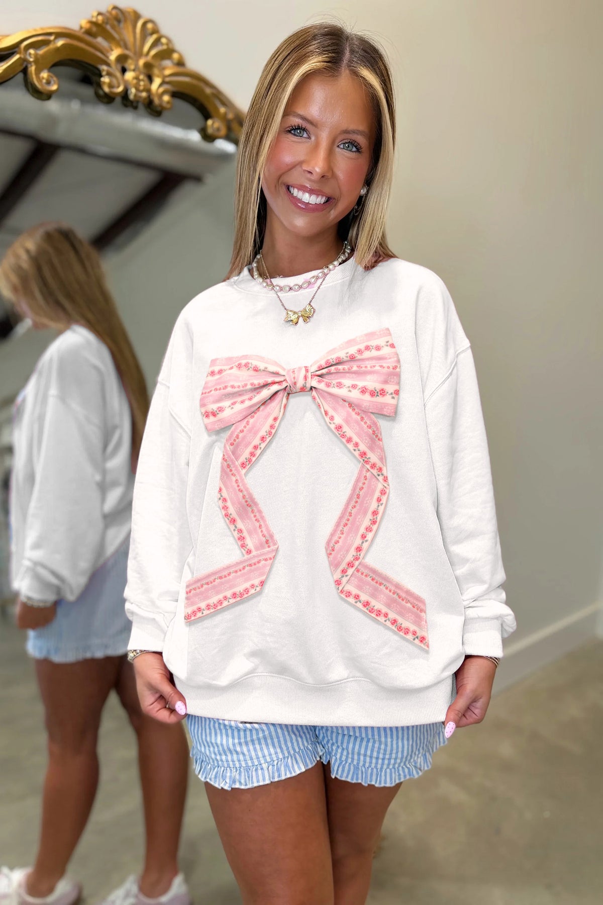 Floral Bow Decoration Drop Shoulder Long Sleeve Top