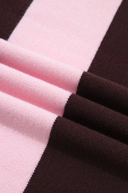 Pink Stripe Contrast High Neck Dropped Shoulder Relaxed Pullover Sweater