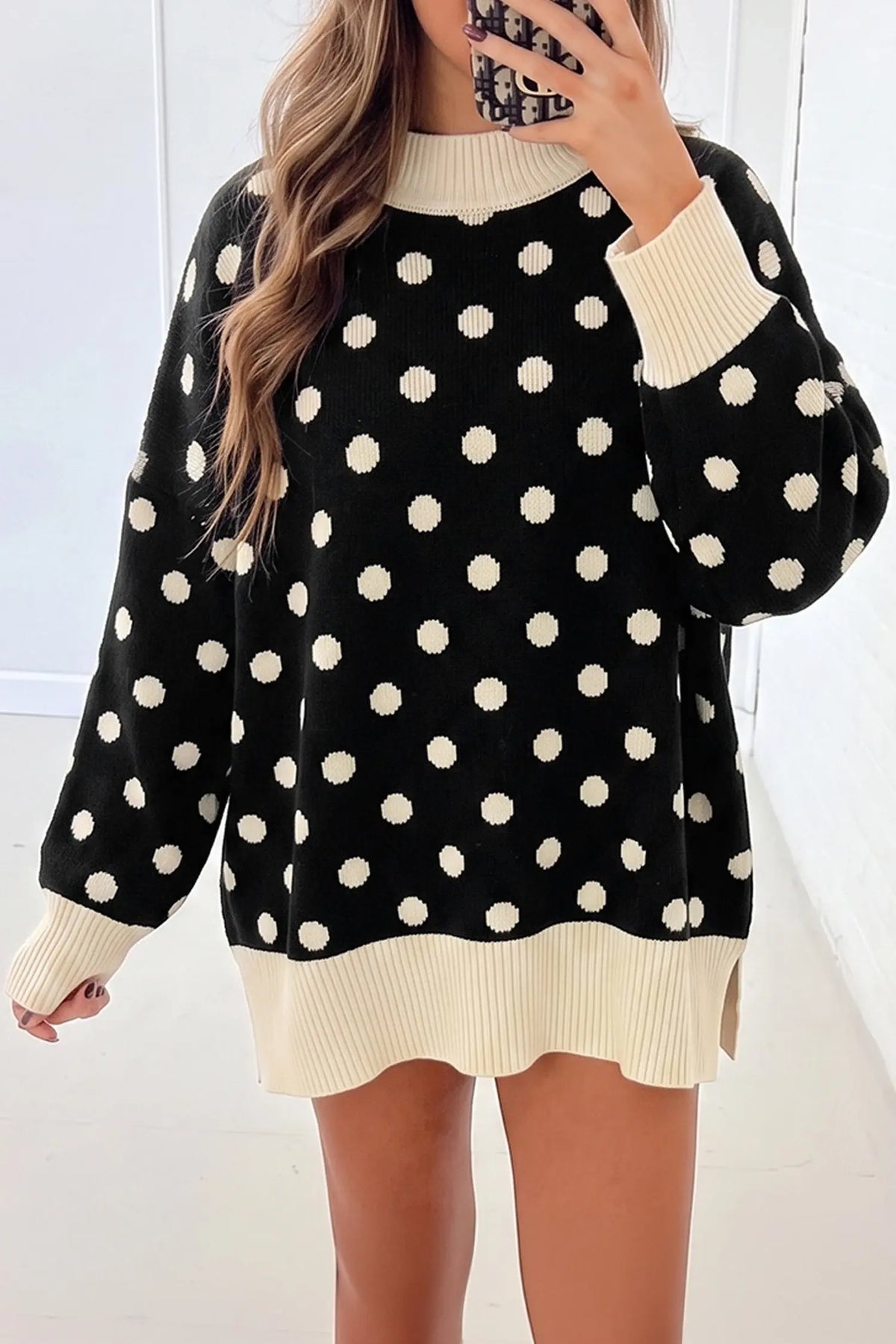 Polka Dot Pattern Ribbed Colorblock Trim Split Tunic Sweater