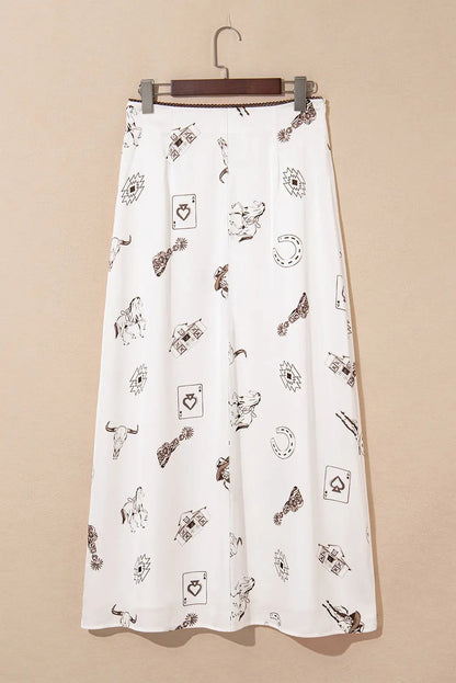 Beige Western Print Lace Trim Waist Side Zip Plus Size Maxi Skirt