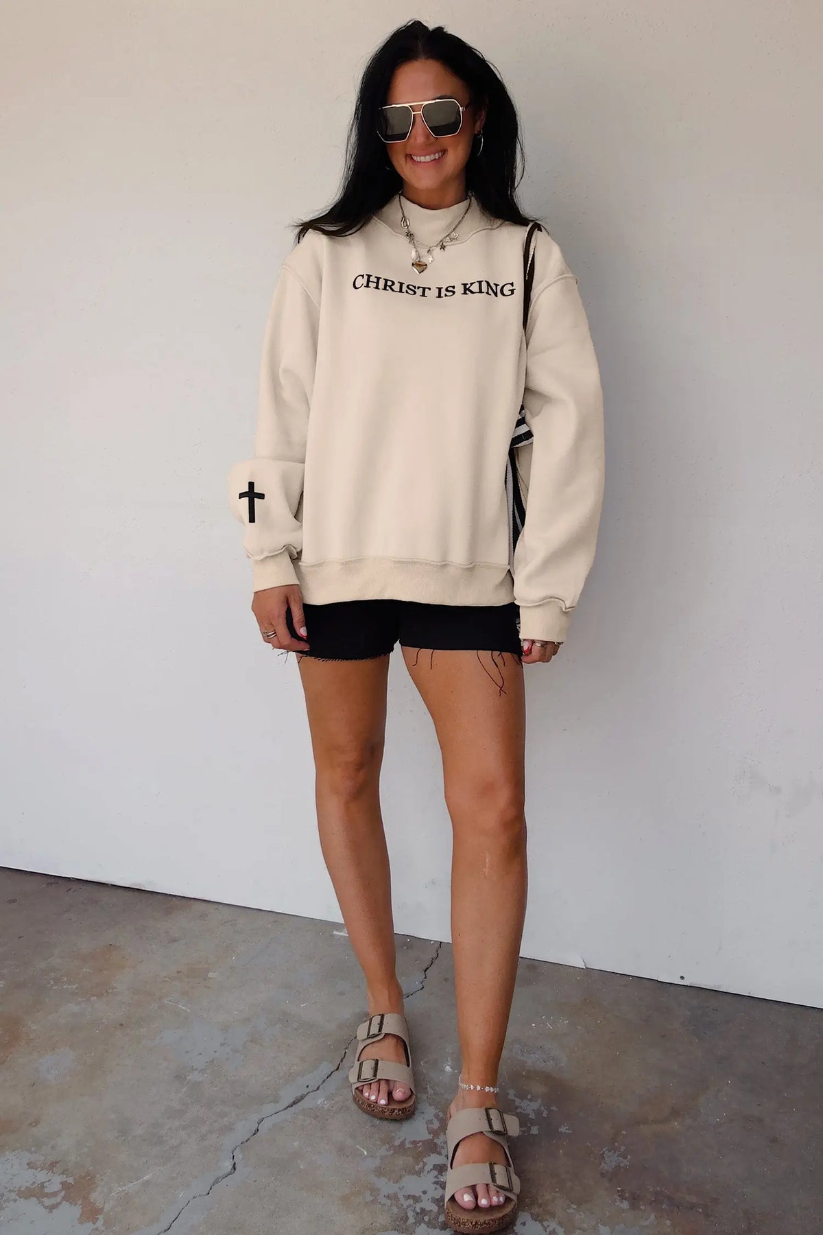 Black CHRIST IS KING Embroidery High Neck Baggy Sweatshirt