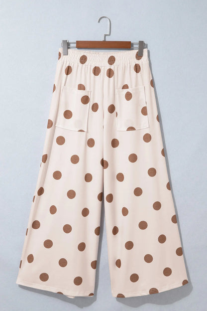 Brown Polka Dot Wide Leg Elastic Waist Casual Pants