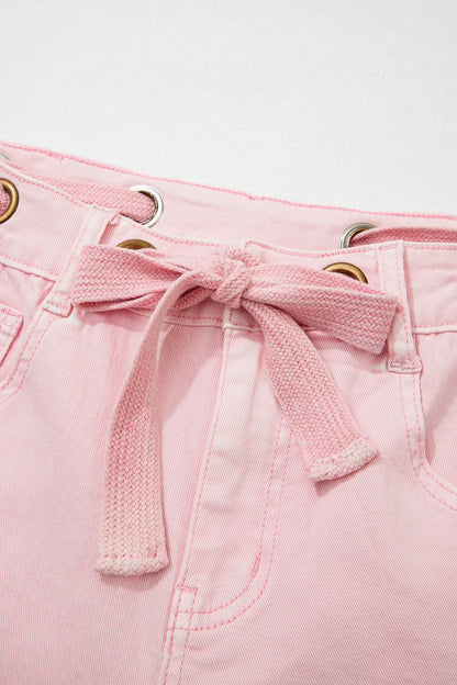Yellow Solid Color Grommet Detail Knot Waist Barrel Jeans