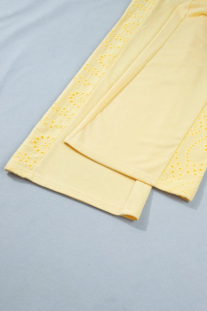 Yellow Cream Lace Patchwork Half Sleeve Top Elastic Waist Pants Two Piece Set Nataliz