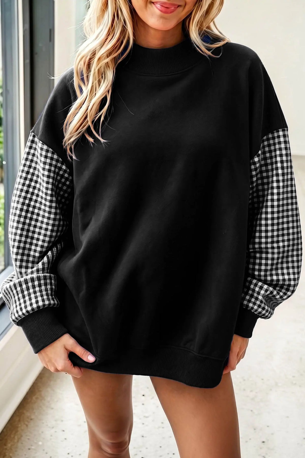 Navy Blue Plaid Sleeve Colorblock Loose Tunic Sweatshirt