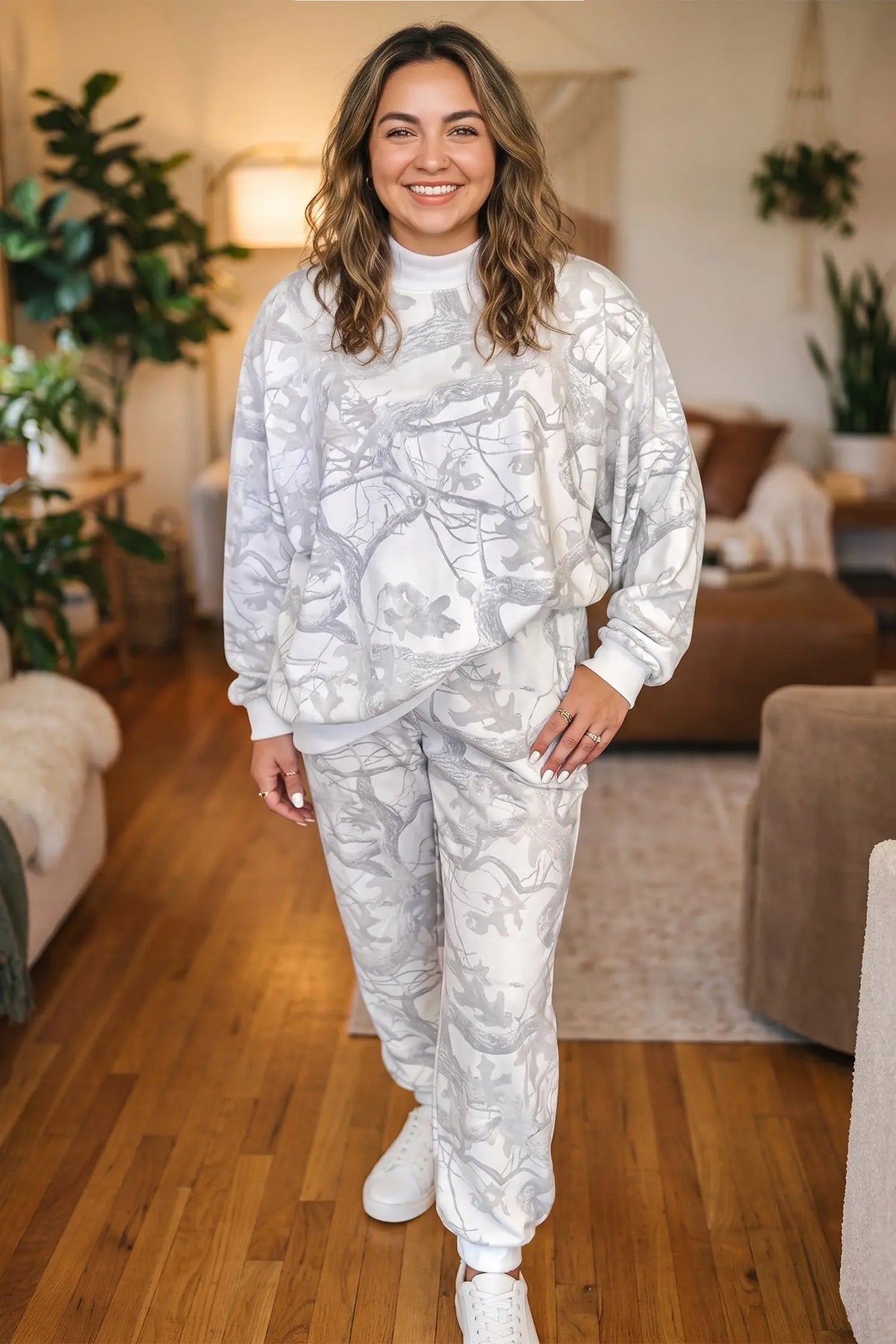 Camouflage Print Stand Neck Long Sleeve Regular Fit Plus Size Set
