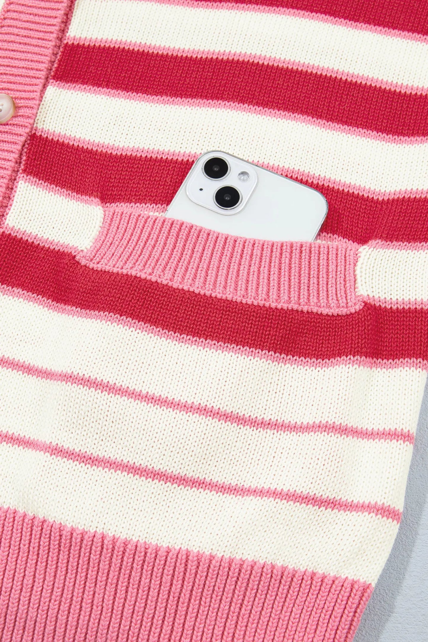 Red Stripe V Neck Long Sleeve Regular Fit Cardigan