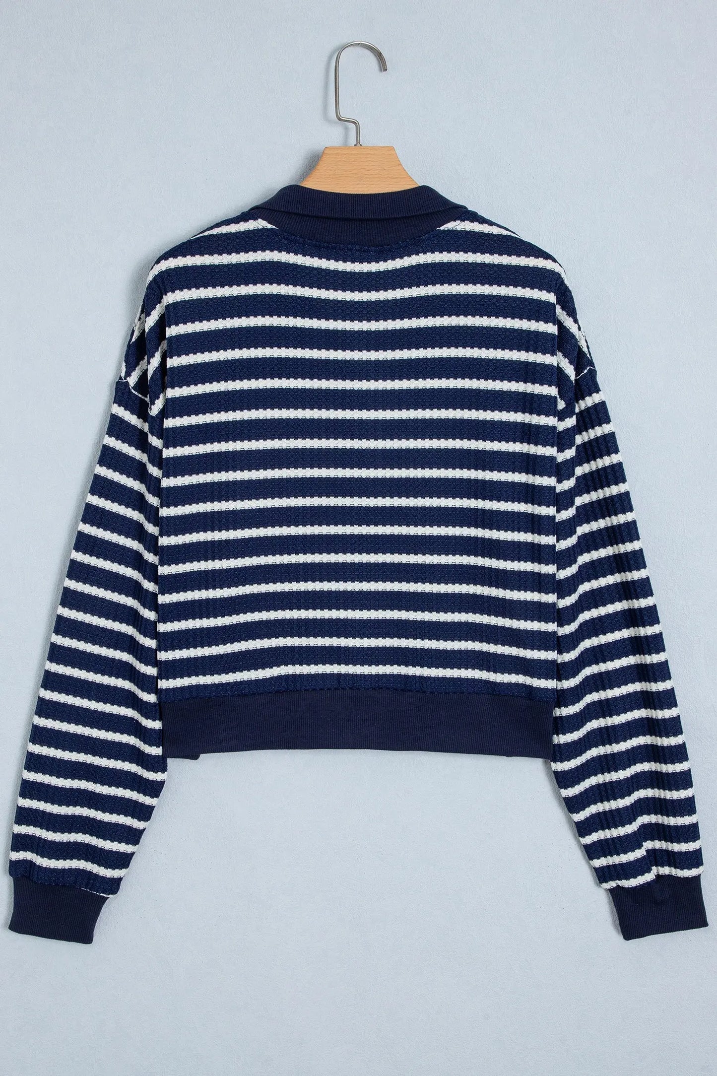 Blue Stripe Textured Knit Half Zip Collared Long Sleeve Top