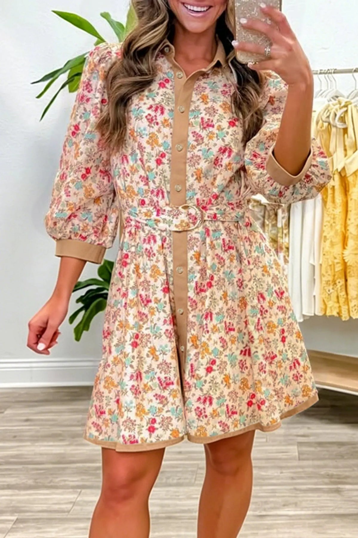 Orange Floral Print Button Down 3/4 Sleeve Belted Mini Dress model front view · nz-alt-v1