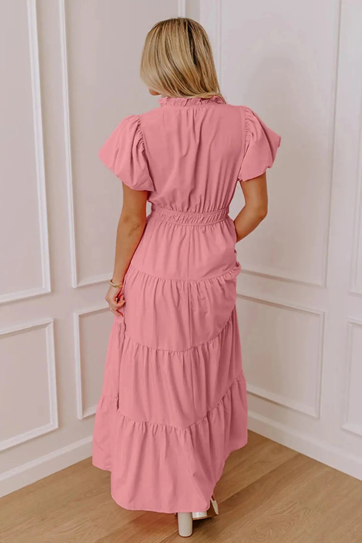 Bright Green Solid Color V Neck Short Puff Sleeve High Waist Tiered Maxi Dress - Casual Dresses