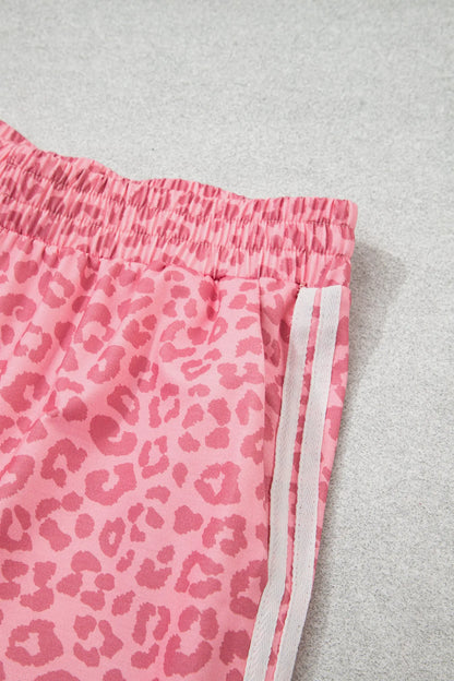 Apricot Leopard Print Varsity Striped Detail 3/4 Sleeve Top Shift Pant Set