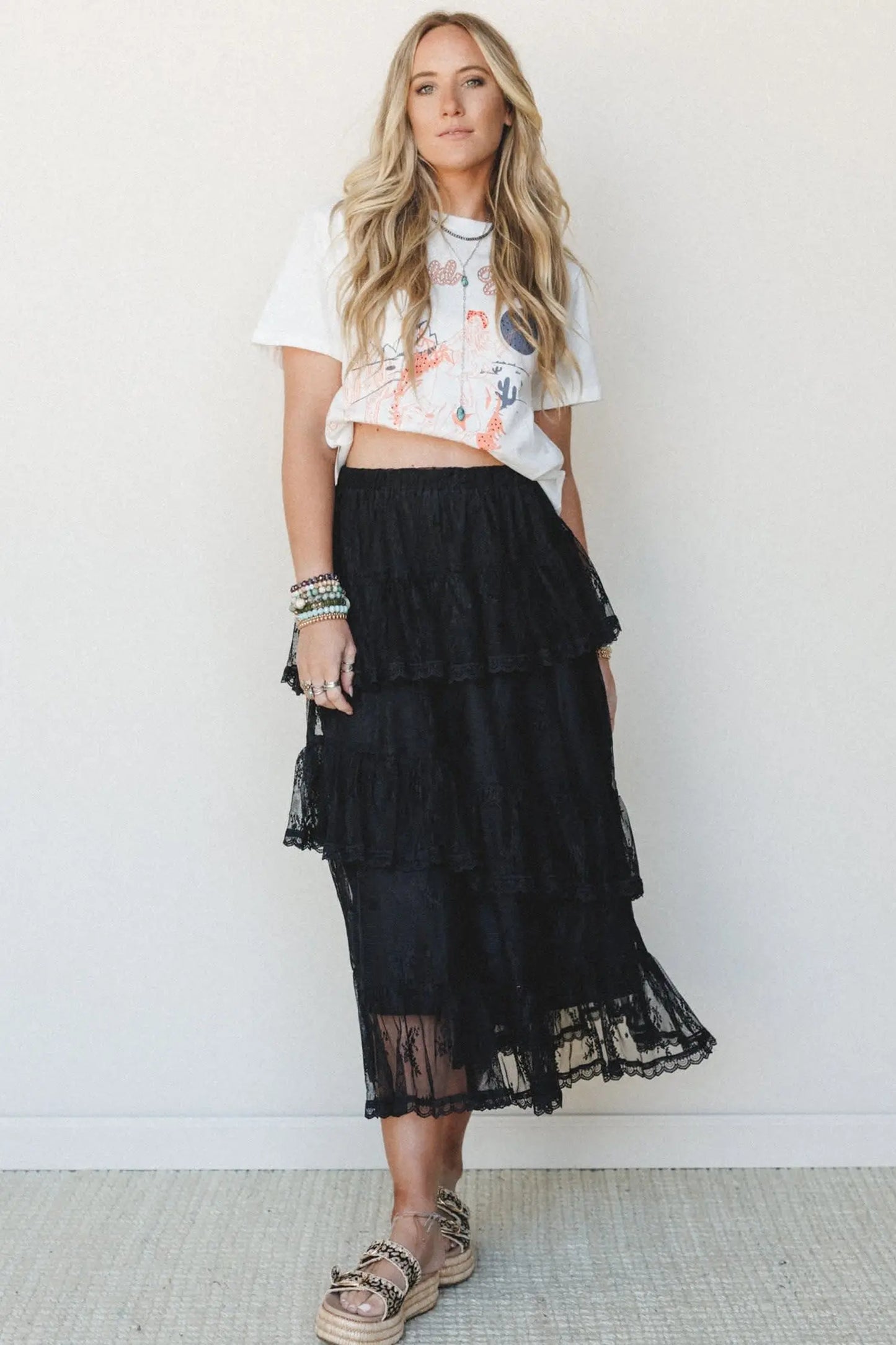 Black Elegant Ruffle Lace Tiered Skirt