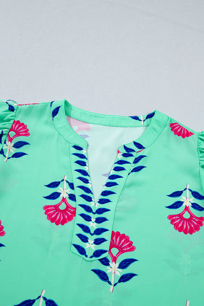 Green Floral V Neck Flutter Sleeve Blouse