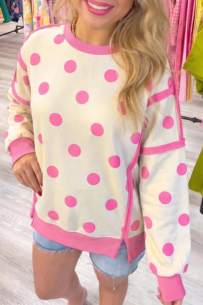White Polka Dot Contrast Patchwork Round Neck Baggy Sweatshirt