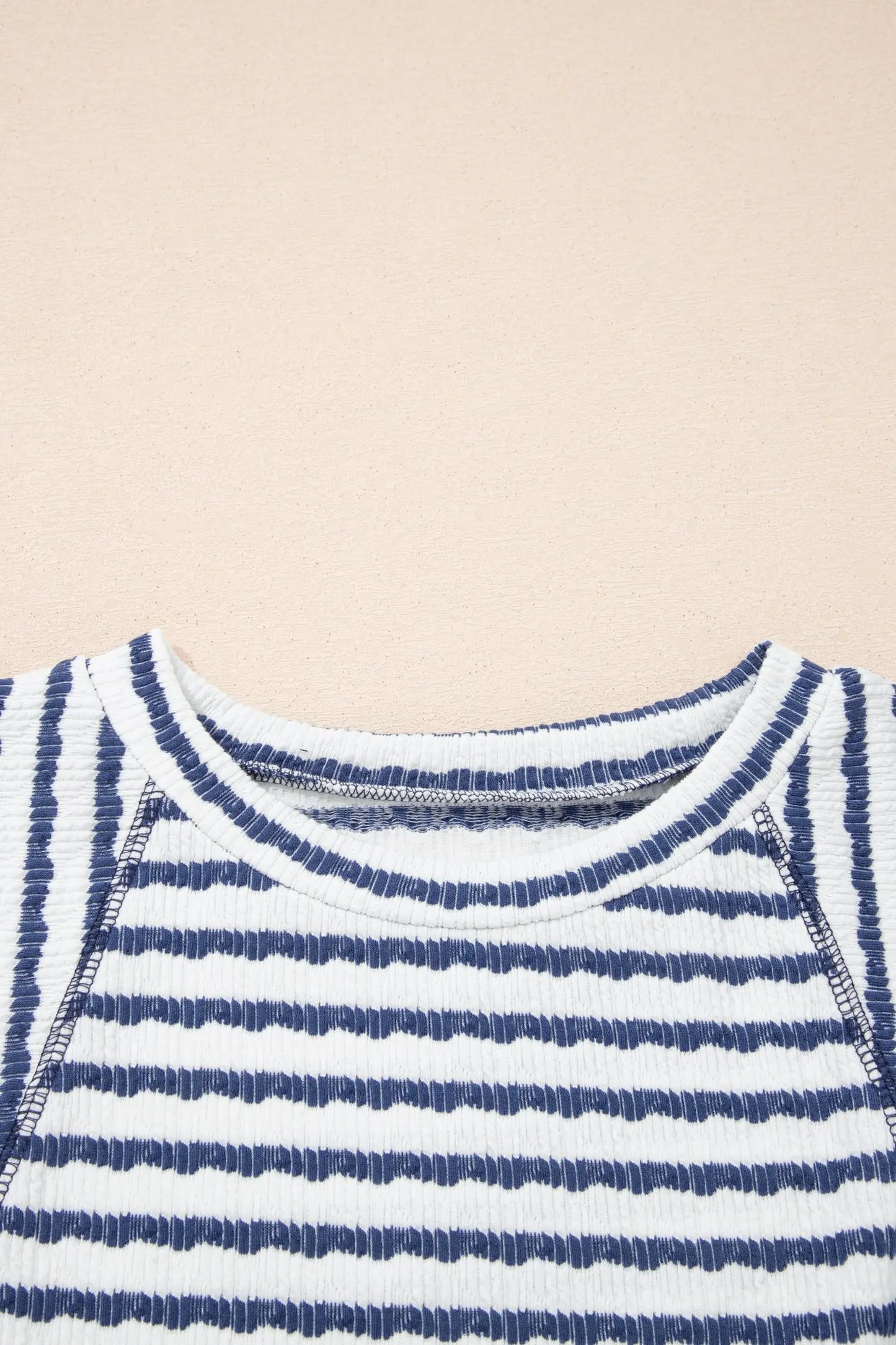 Brown Stripe Textured Knit Split Hem Half Sleeve Loose Top Nataliz