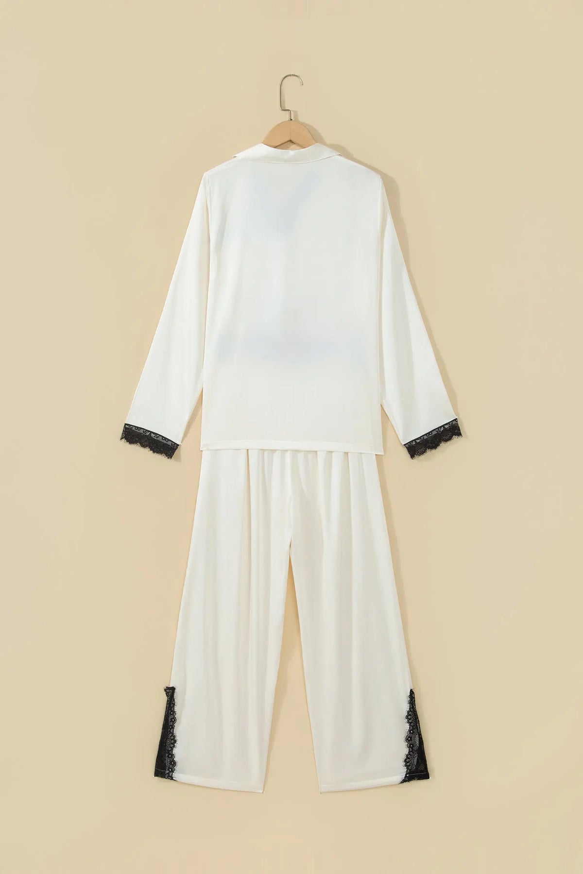White Long Sleeve Lace Trim Button Front 2pcs Pajama Set