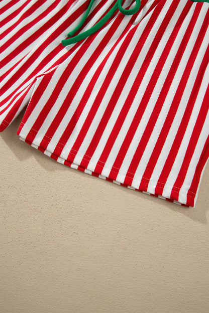Red Stripe Colorblock Trim Polo Collar Drawstring Elastic Waist Band Casual 2pcs Outfit
