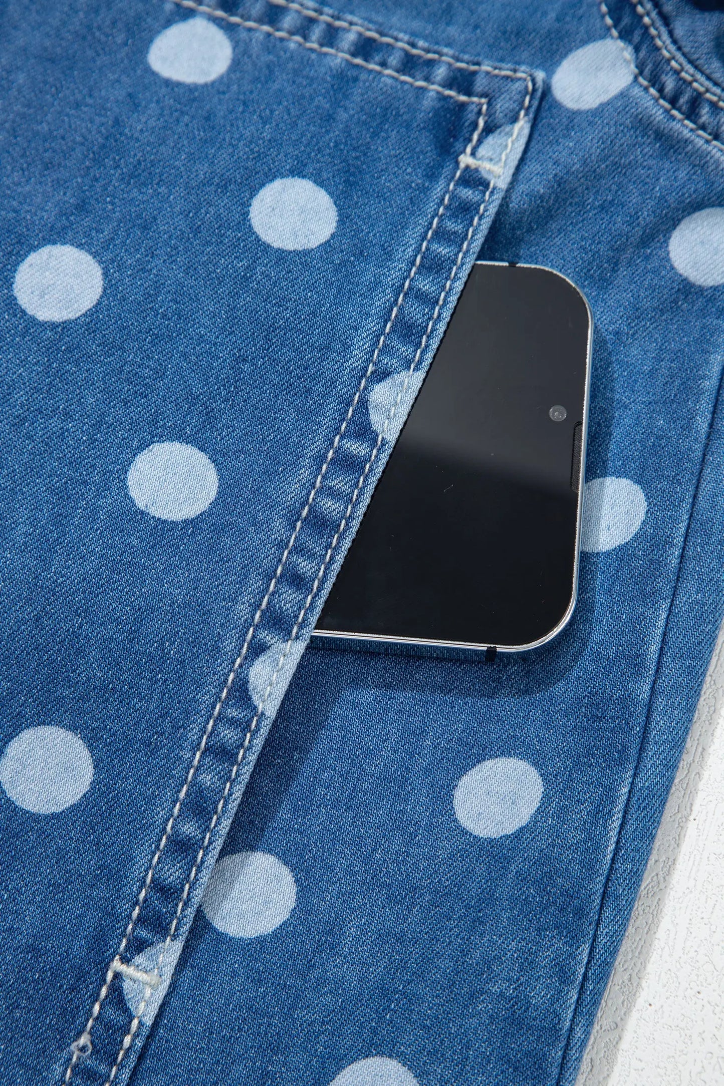 Blue Polka Dot Long Sleeve Collar Shift Tunic Denim Jacket
