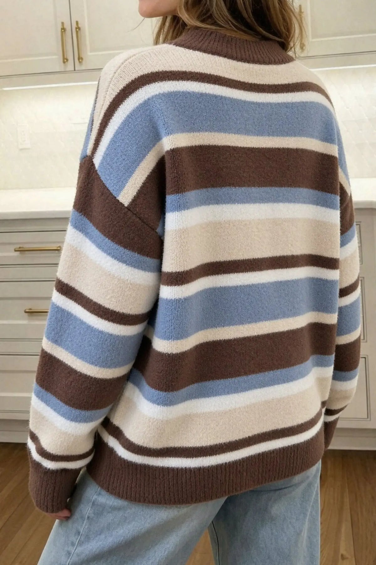 Brown stripe dropped shoulder pullover sweater model back view · nz-alt-v1