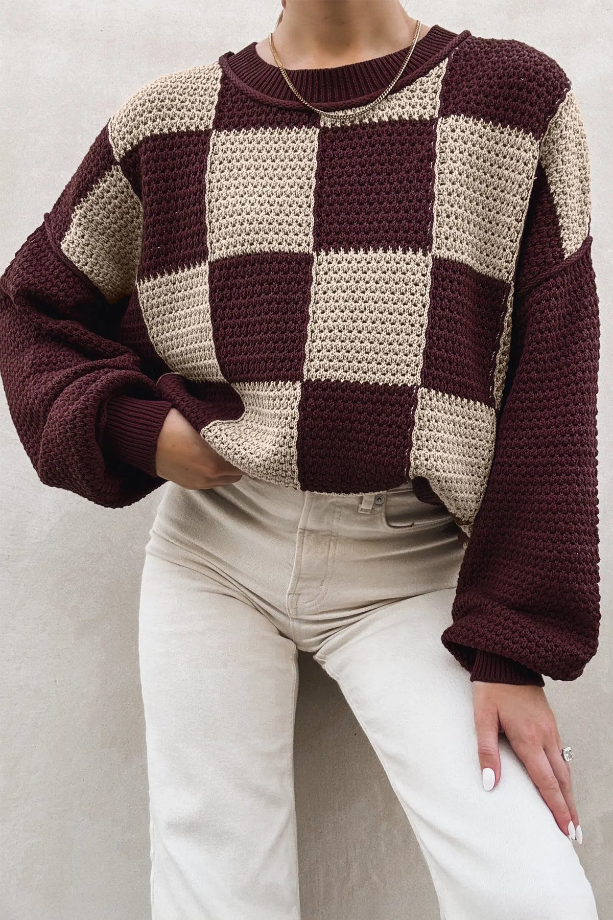 Brown Checkered Pattern Knit Loose Pullover Sweater model front view · nz-alt-v1