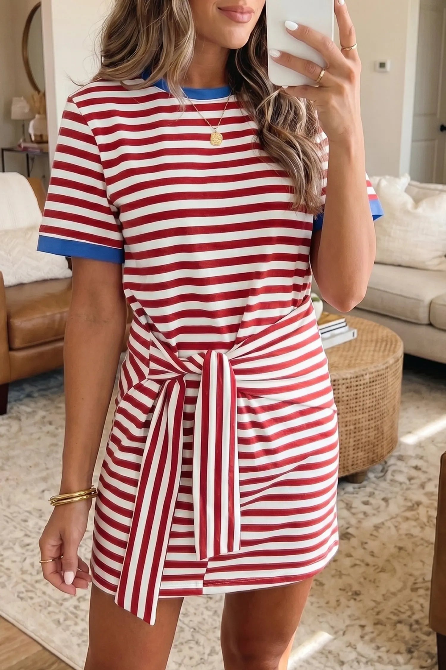 Sky Blue Stripe Nautical Tie Contrast Trim Round Neck T Shirt Mini Dress Nataliz