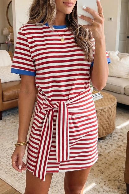 Sky Blue Stripe Nautical Tie Contrast Trim Round Neck T Shirt Mini Dress Nataliz
