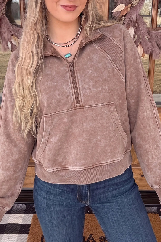 Chestnut vintage half-zip long sleeve ribbed sweatshirt model front view · nz-alt-v1