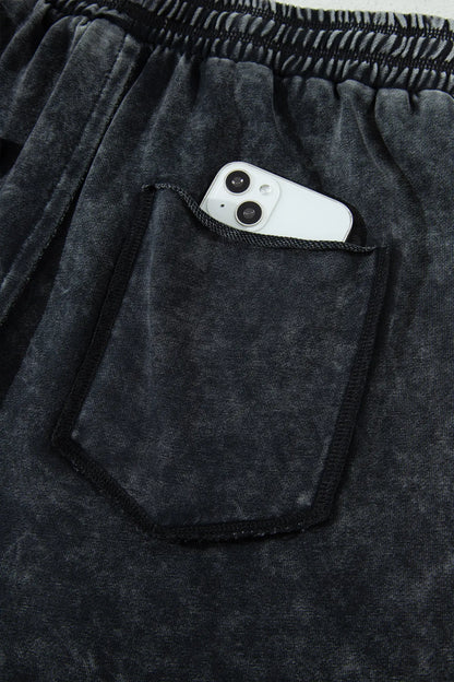 Black Mineral Wash Raw Seam Drawstring Elastic Waist Barrel Pants