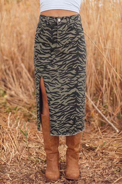 Brown Leopard Print Side Split Frayed Hem Denim Midi Skirt