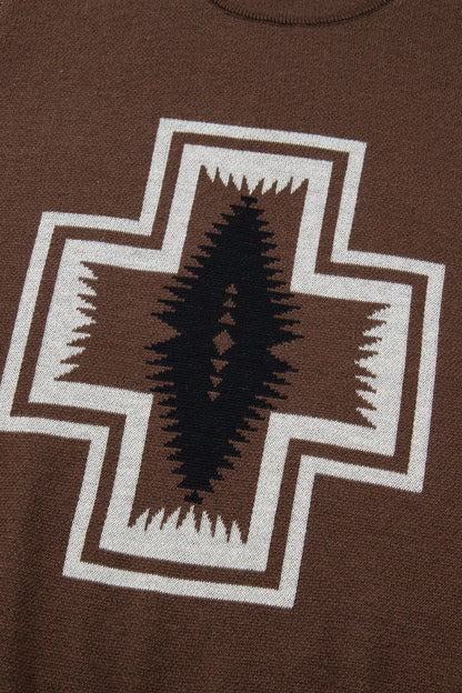 Brown Western Print Short Sleeve Knit Casual Sweater