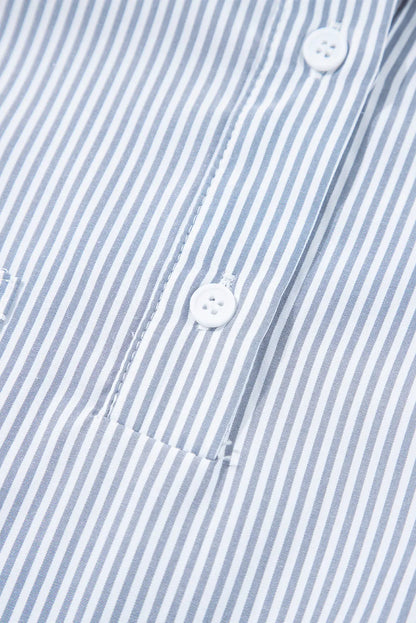 Gray Pinstripe Long Sleeve Smocked Cuffs Button Shirt Collar Blouse