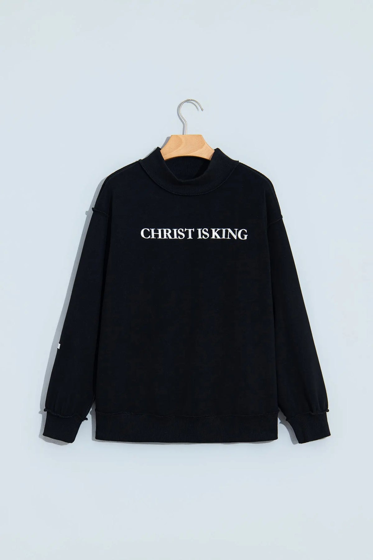 Black CHRIST IS KING Embroidery High Neck Baggy Sweatshirt