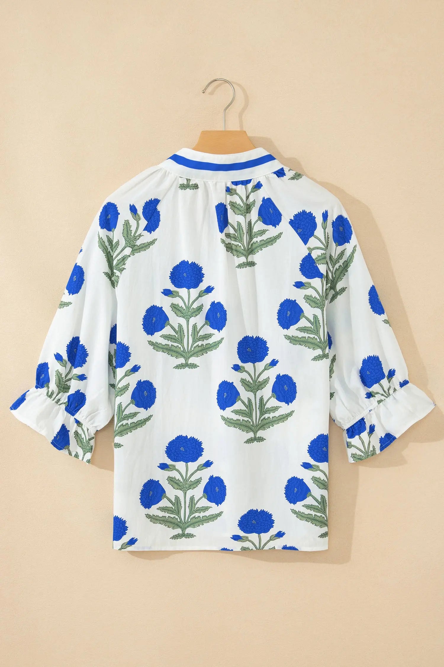 Sky Blue Casual Wild Flower Print V Neck 3/4 Sleeve Blouse Nataliz