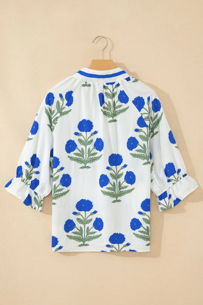 Sky Blue Casual Wild Flower Print V Neck 3/4 Sleeve Blouse Nataliz